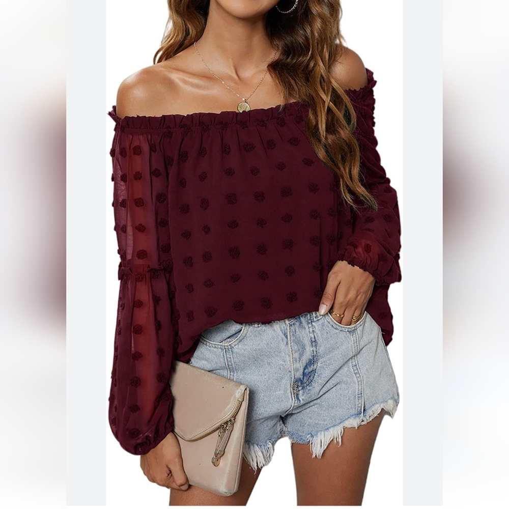 Blooming Jelly Women's Off The Shoulder Tops Chiffon Blouses Long Sleeve Shirts